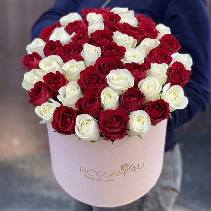 51 роза красно-белый микс коробке